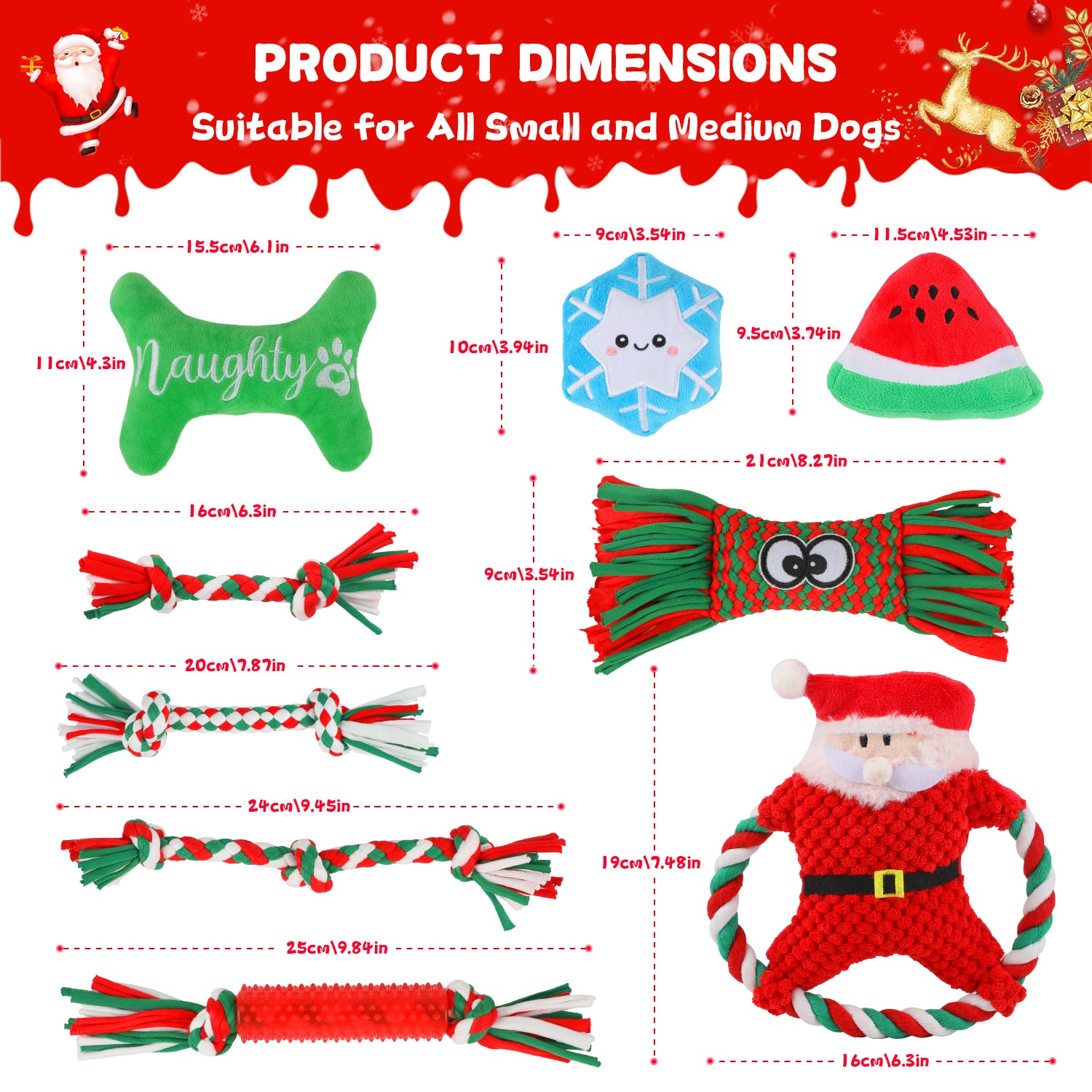 9 Pack Dog Chew Toys for Aggressive Chewers, Christmas Chew Toys Pack with Rope Toy for Puppies Small Medium Dogs, Squeaky toy