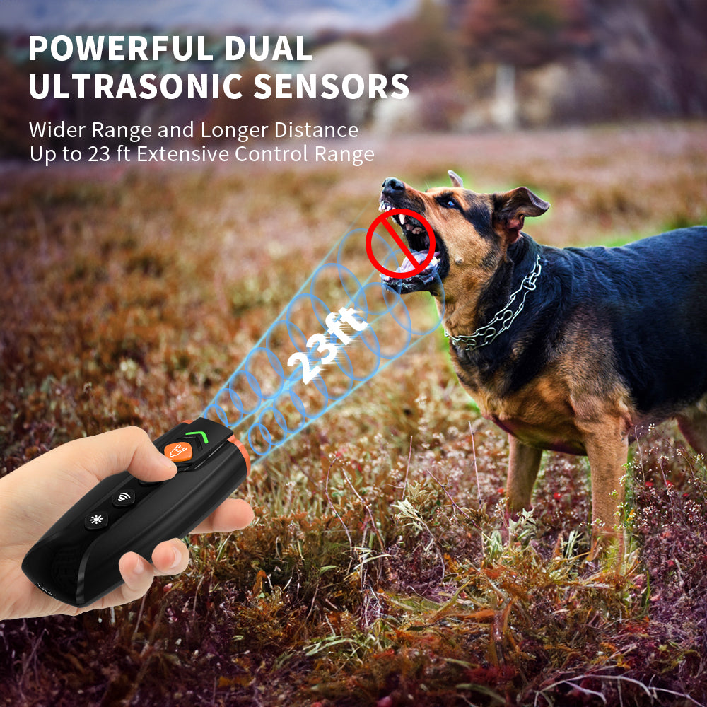 Charkool Dog Bark Deterrent Devices 2 in 1, Ultrasonic Dog Bark Deterrent Rechargeable/LED Flashlight, Dog Barking Dog Whistle with Dog Training Behavior Aids, 23 feet Range（Black)